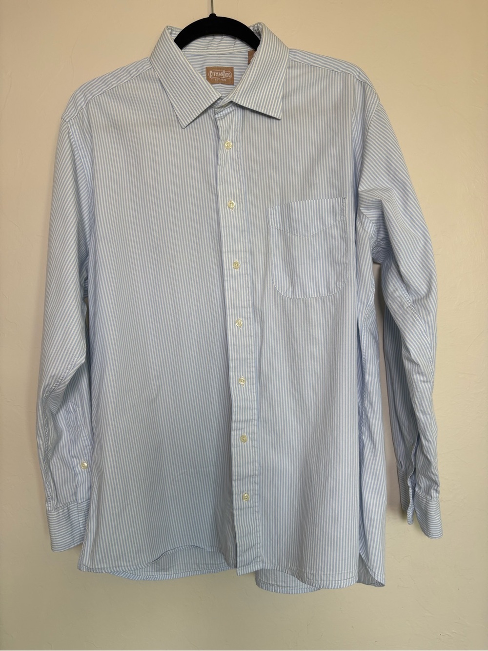 Vintage Gitman Bros Seersucker Shirt Men 17 35 XL Blue White Stripe Made in USA